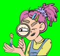 Girl with a magnifying glass looks at the small man on her hand. Stalking, spying, social media, jealousy concepts. Cartoon style Royalty Free Stock Photo